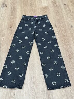 Edikted Black Moody Happy Sad Smiley Face Wide Leg Denim Jeans M